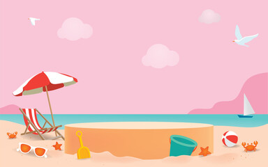 Obraz na płótnie Canvas Summer beach podium for product display on pink background. Beach umbrellas, beach chairs, sunglasses, starfish. Vector illustration.