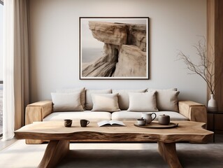 Rustic live edge table and chairs near the beige sofa interior design of the modern living room generative ai