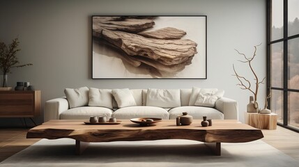 Rustic live edge table and chairs near the beige sofa interior design of the modern living room generative ai