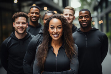 Fototapeta premium A team of smiling businessmen in tracksuits