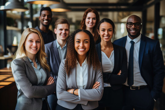 A team of colored business people standing and smiling happily