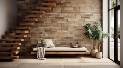 The coastal interior design of the modern entrance hall with stone tiles wall generative ai