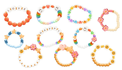 Set of colorful funky bracelet from bright plastic beads vector illustration isolated on white background - obrazy, fototapety, plakaty