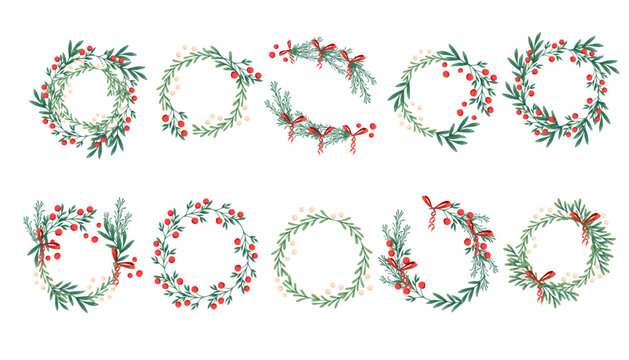 Set of Merry Christmas wreath mistletoe with red berries vector illustration isolated on white background