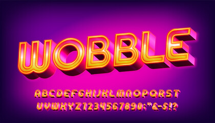 Wobble alphabet font. 3d neon 80s style letters and numbers. Stock vector typeface for your design.