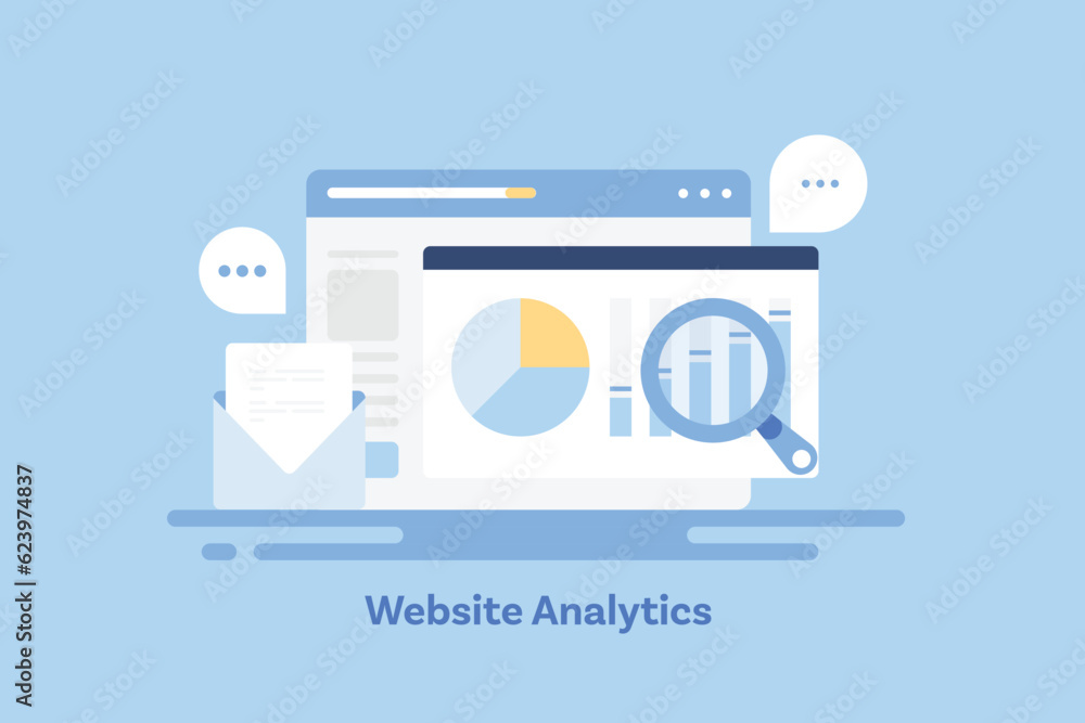 Poster analytics dashboard with infographic chart and data graph, seo web traffic examine, business and fin