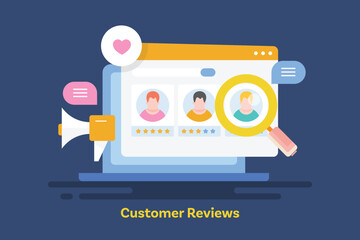 Customer review on internet, person searching online feedback before making purchase decision. Marketing survey, customer evaluation rating concept on laptop screen, vector illustration.