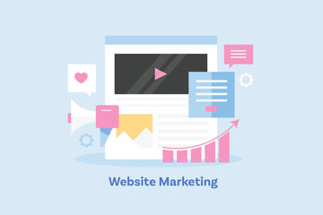Social media campaign, video marketing email promotion business strategy, maximize sales graph, digital advertising with data analytics concept. Vector illustration website marketing banner. 