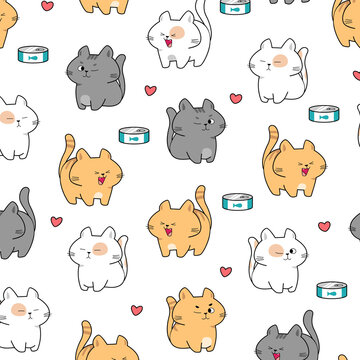 Cute Funny chubby cats with food icons seamless pattern template
