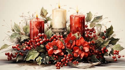 Christmas candle arrangement with flowers, new year and advent concept, christmas card