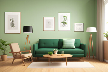 Contemporary interior design for 3 poster frame in mock living room with green sofa, wooden pots and floor lamp, template, 3d render, illustration.