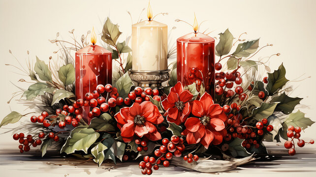Christmas candle arrangement with flowers, new year and advent concept, christmas card