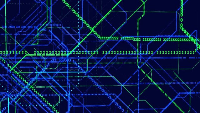 Vj loop hologram abstract bg. Symbols form lines, lines form corner grid. Big data block chain info technology. Information concept. Sci fi theme, information blocks, ai construction of letters.