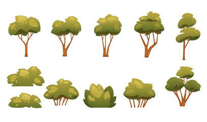 Set of green stylized bush vector illustration isolated on white background
