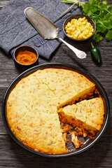 Chicken Tamale Pie in baking dish, top view