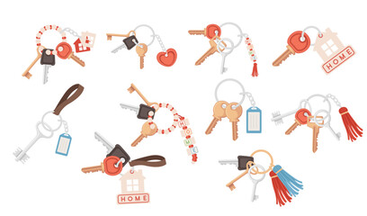 Set of steel ring home keychain with different keys vector illustration isolated on white background