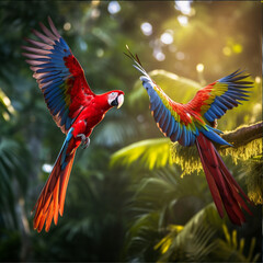 pair of parrots in the sky, macaw is flying
