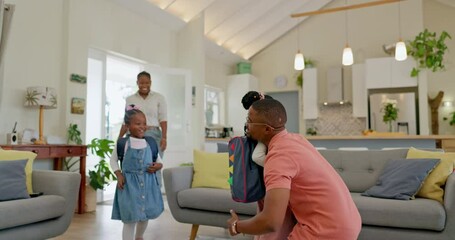 Father, welcome hug and student after school with greeting and hello in a home feeling happy. House, living room and dad with children and youth with family and young kids together with papa and care