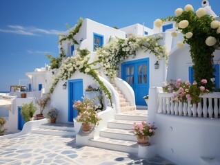 Fototapeta na wymiar Traditional Mediterranean white house with blue sky generative ai