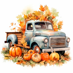 Harvest fall farm truck watercolor isolated illustration. AI generative