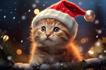 Christmas kitten in a red festive hat. Cute fluffy little cat looking away, xmas bokeh lights
