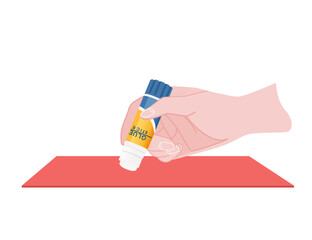 Hand hold glue stick work with red paper vector illustration isolated on white background