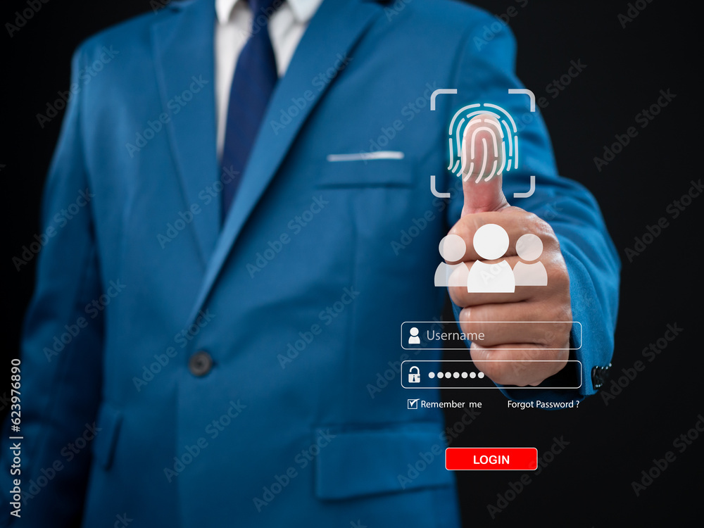 Poster businessman scanning his finger along with the login screen. represents protection against external 