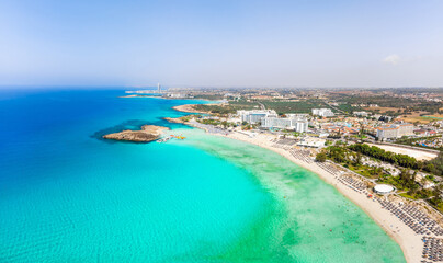 Fototapeta na wymiar Nissi beach, Cyprus, Europe. Aerial summer view beautiful sand beach