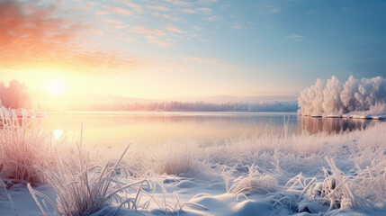 The serene lake reflects the light at sunrise, while the sturdy trees bear witness to the symphony of icy winter nature in the morning