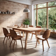 Fototapeta premium Wooden set dining table and chairs interior design of modern dining room with window generative ai