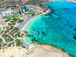 Makronissos beach, Ayia Napa, Cyprus. Aerial summer beach Cyprus view