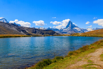 View of Stelli Lake (Stellisee) and Matterhorn mountain at summer in Zermatt, Swiss Alps, Switzerland