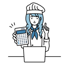 座ってデスクでノートPCを開いて電卓を持ってこちらに向けて見せている調理師の女性