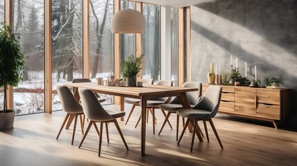 Obraz premium Wooden set dining table and chairs interior design of modern dining room with window generative ai