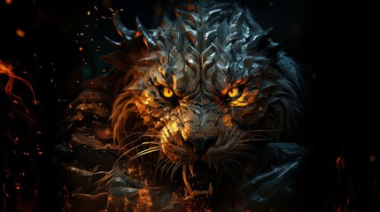 Cinematic image tiger with burning eyes spines made with generative AI