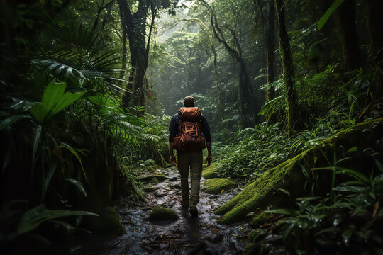 Adventurous Travel: Explorer Trekking through a Dense Jungle