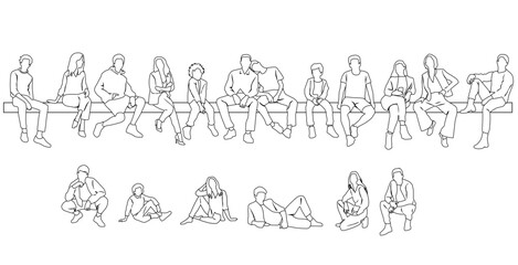 Vector silhouettes of a man, woman and children sitting on a bench, linear sketch, a group of business people, black color on a white background