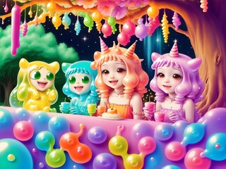 Fototapeta premium Cute Slime Creatures Celebrating, Generative AI Illustration