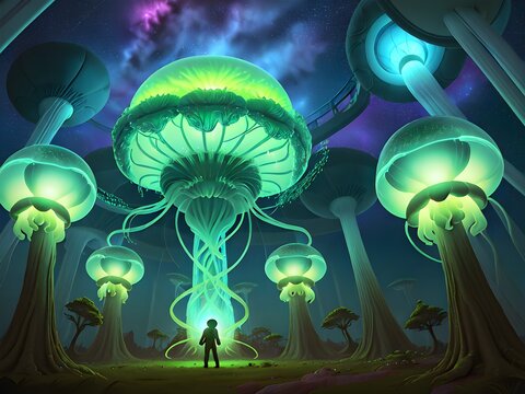 Bio-engineered Jellyfish Bioship, Generative AI Illustration