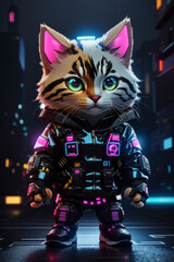 Futuristic Soldier Cat: Chibi Hyperrealistic Cyberpunk Jacket, Isometric View, Cinematic Black Neon Background, Hyper-Detailed Rendering