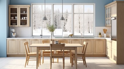 Obraz premium Scandinavian classic kitchen with wooden and white details, Luxury Kitchen Interior in white tone, Generative ai