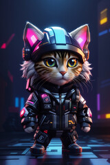 Futuristic Soldier Cat: Chibi Hyperrealistic Cyberpunk Jacket, Isometric View, Cinematic Black Neon Background, Hyper-Detailed Rendering
