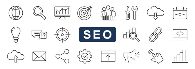 Seo icons set. Search Engine Optimization line web icon collection. Vector illustration.
