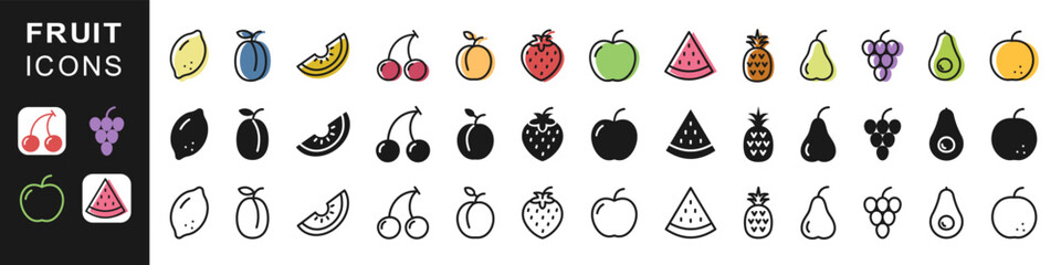 Fruits icon set. Flat, line and silhouette style. Vector illustration.