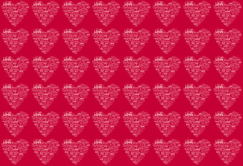 Valentines day pattern composed of small hearts that consits of words Happy Valentine's day, i love you, love in pink color on a bright viva magenta background