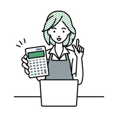 a woman in cafe apron recommending, proposing, showing estimates and pointing a calculator with a smile in front of laptop pc