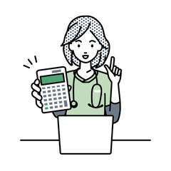 a nurse woman recommending, proposing, showing estimates and pointing a calculator with a smile in front of laptop pc