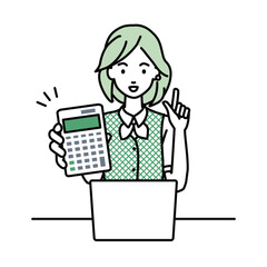 a woman in clerical uniform recommending, proposing, showing estimates and pointing a calculator with a smile in front of laptop pc