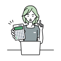 an esthetician, receptionist woman recommending, proposing, showing estimates and pointing a calculator with a smile in front of laptop pc