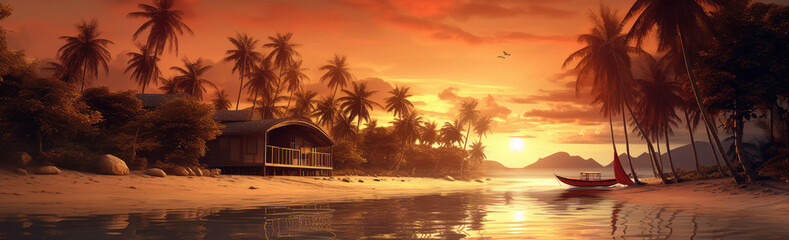 Fototapeta na wymiar Sunset on the Ocean Sand Beach with Palm Trees Landscape extreme closeup. Generative AI